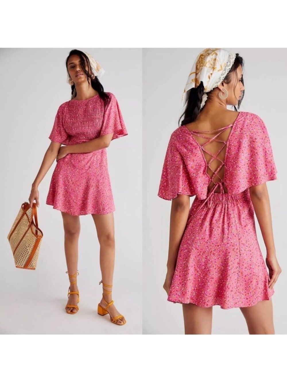 Free People Pink Rose Floral Florence Mini Dress Size XS Flutter Sleeves